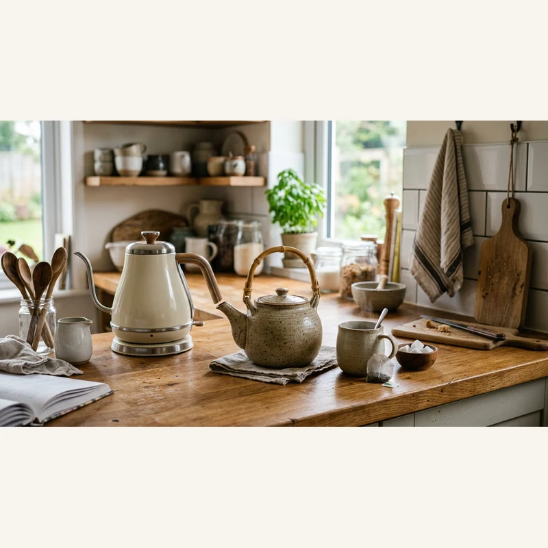 Customer kitchen with stoneware teapot on counter