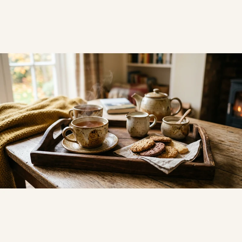 Tea tray with stoneware cups