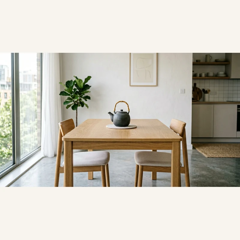 Minimal dining table with stoneware teapot