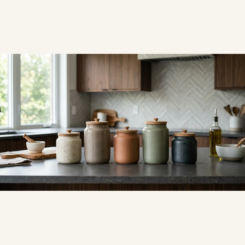 Modern kitchen with stoneware jars