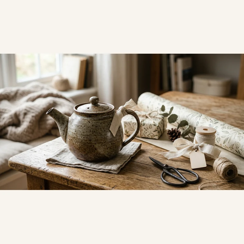 Gift scene with wrapped stoneware teapot