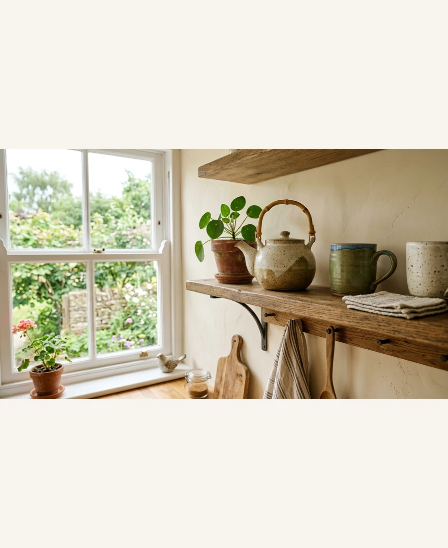 Kitchen shelf with stoneware teapot and plants