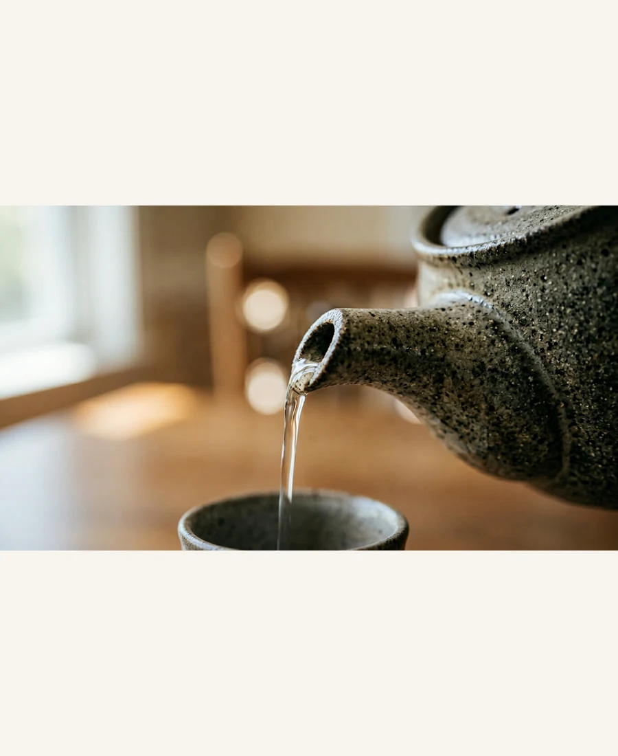 Close-up of stoneware teapot spout