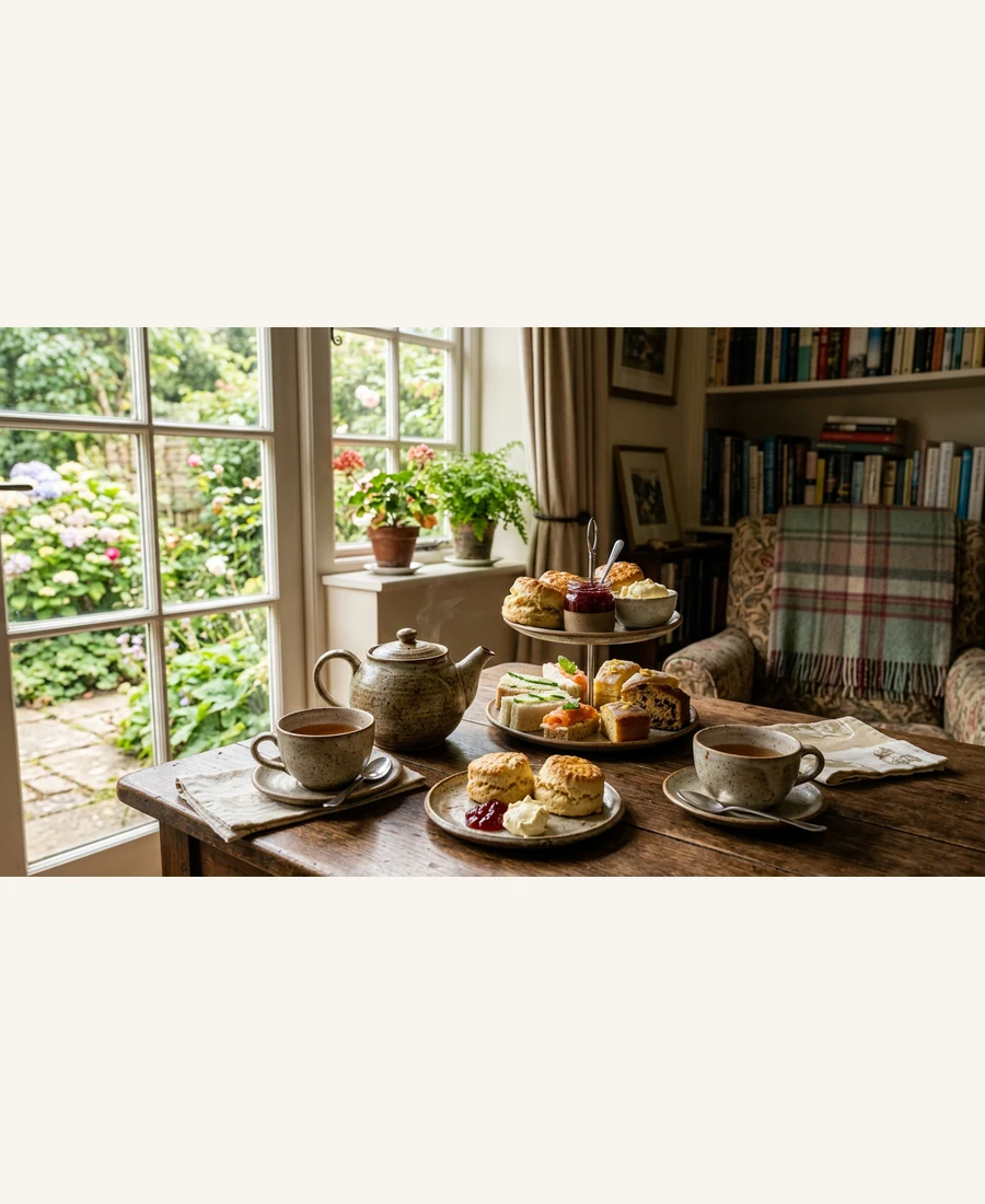 Afternoon tea scene with scones and teapot