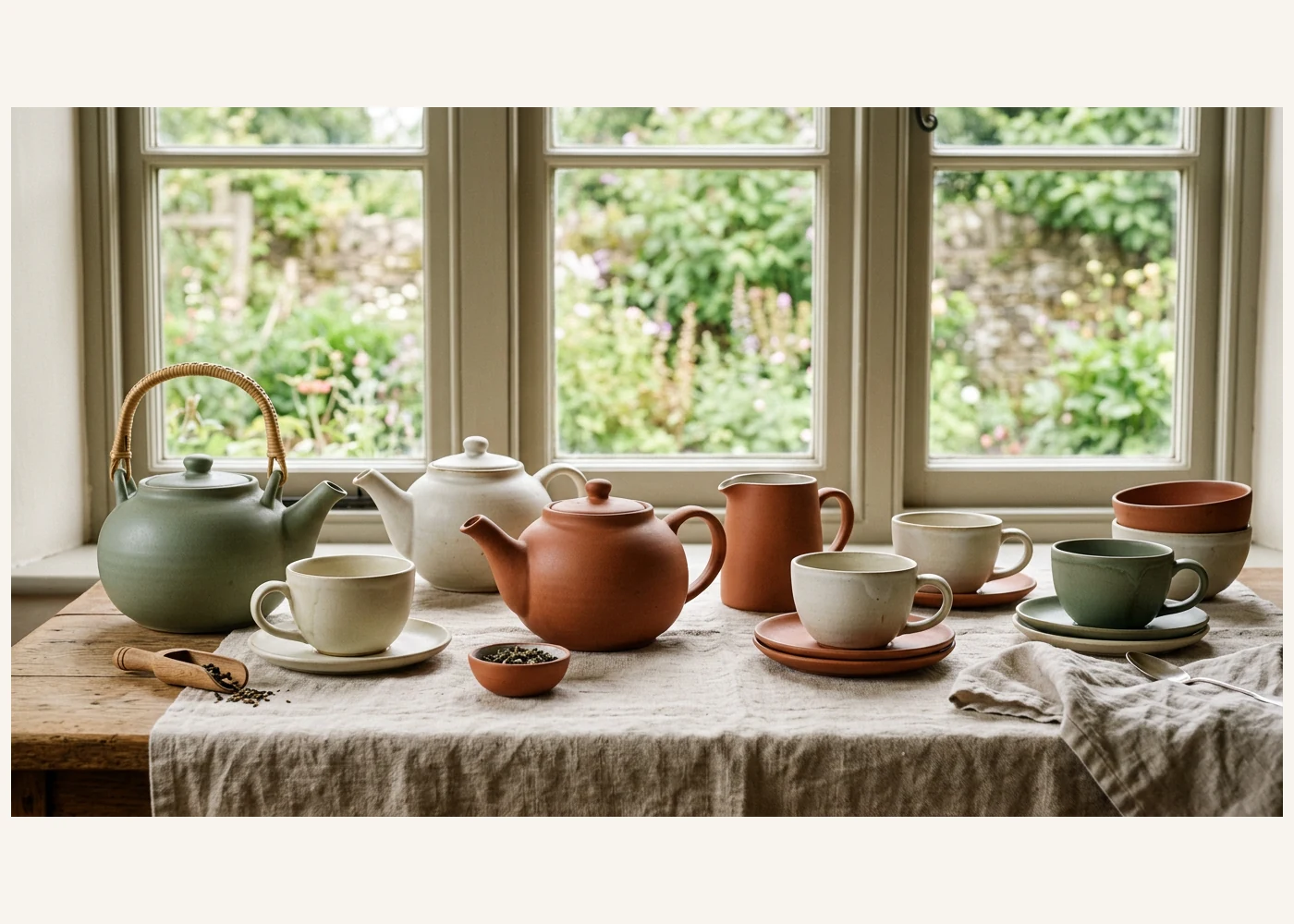Stoneware teapots and cups styled on linen in warm daylight