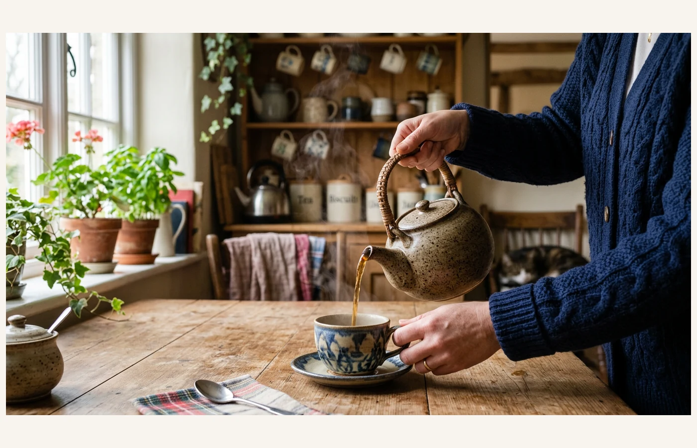 Tea being poured from a stoneware teapot into a cup