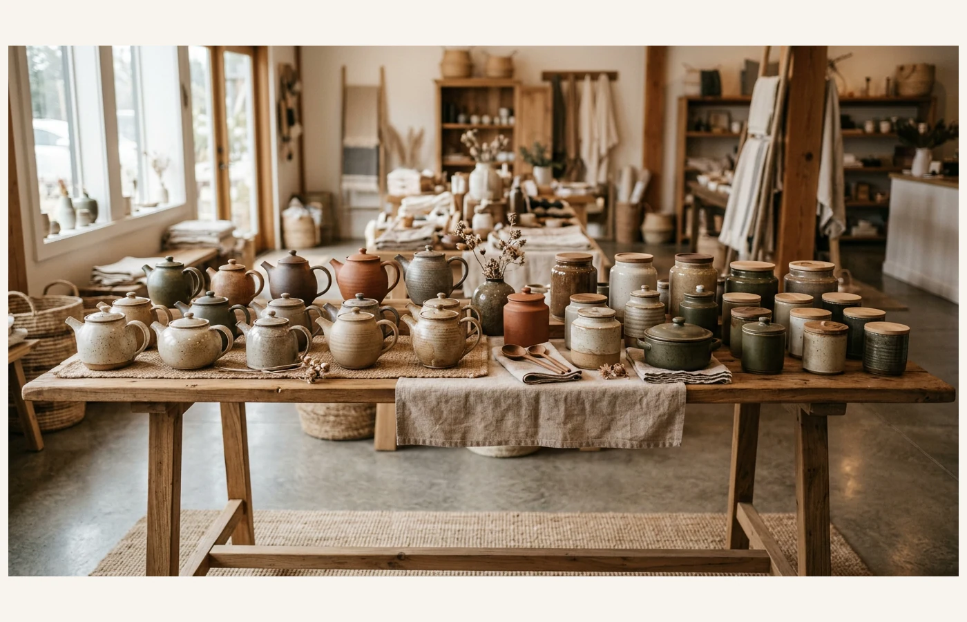 Outlet display of stoneware teapots with tasteful sale styling