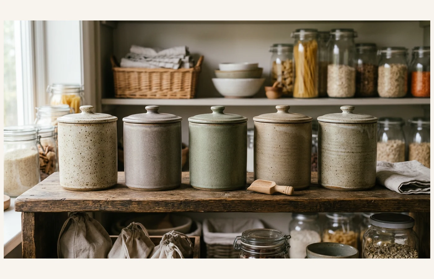 Stoneware storage jars arranged for a tidy pantry