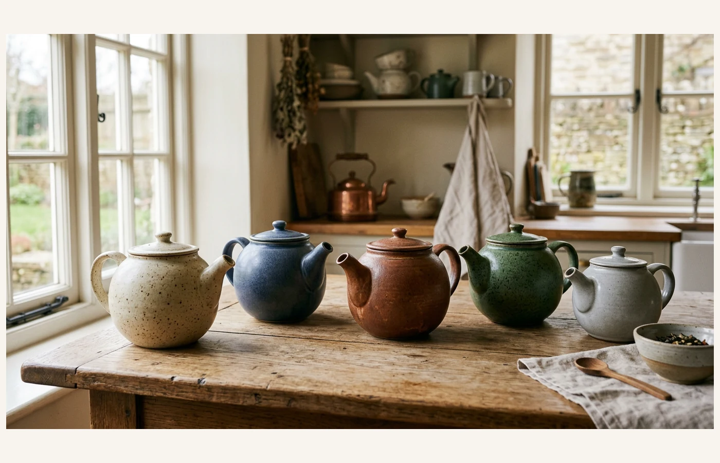 Stoneware teapot collection on a calm kitchen surface