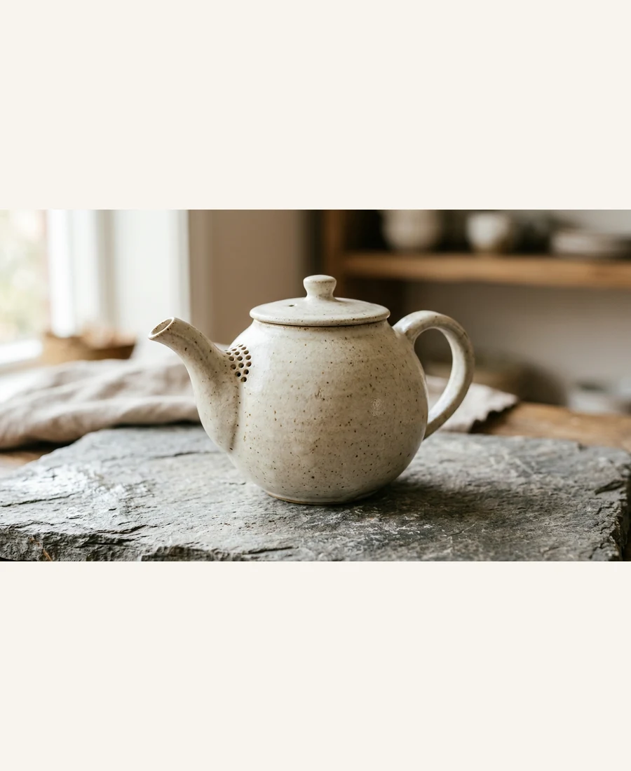 Globe stoneware teapot with built-in filter in studio lighting