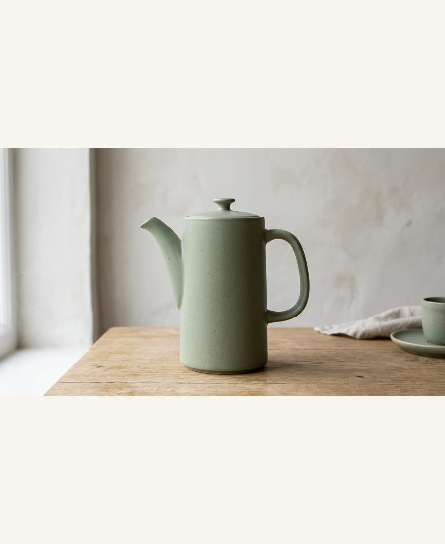 Tall minimalist British stoneware teapot in soft daylight