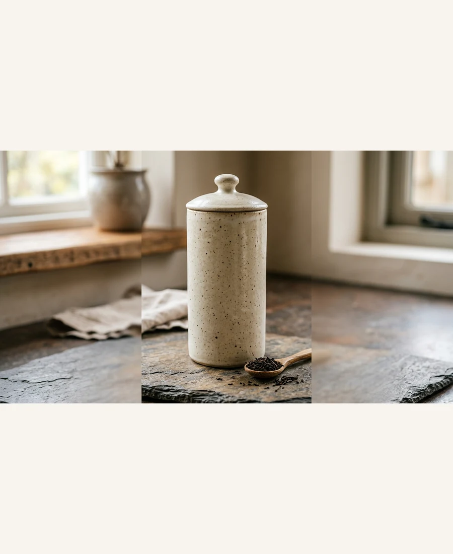 Tall stoneware storage jar with lid for loose tea