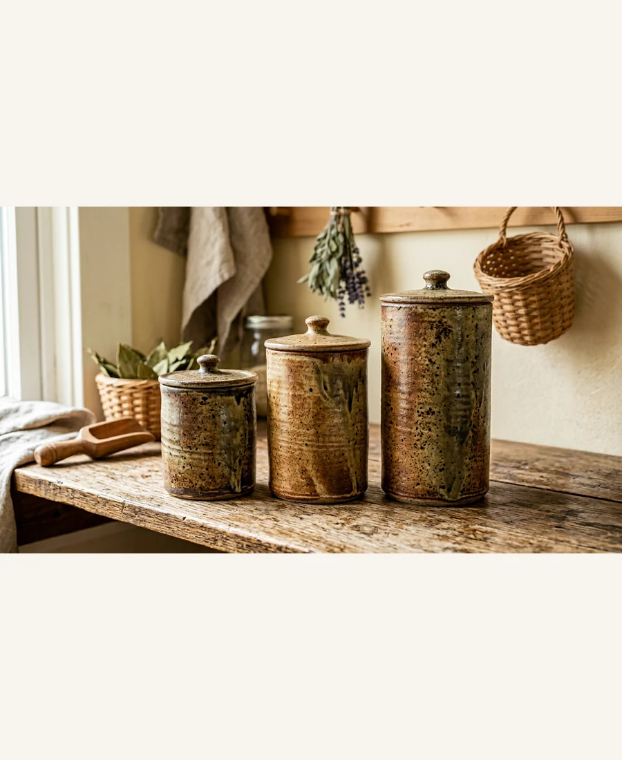Set of three stoneware canister jars with lids for dry goods
