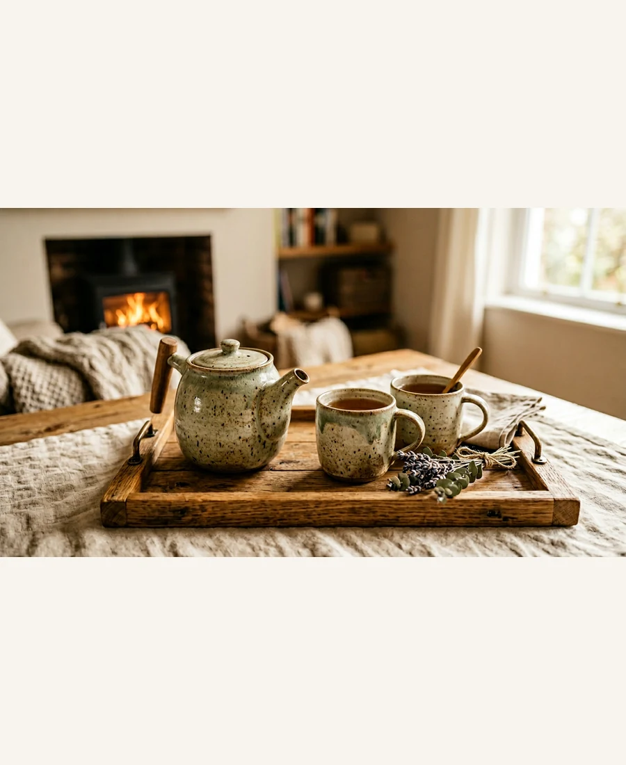 Stoneware teapot with matching mugs gift-style arrangement