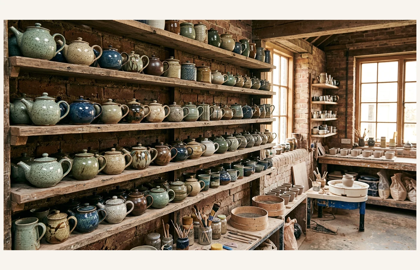 Studio shelving with glazed stoneware ware